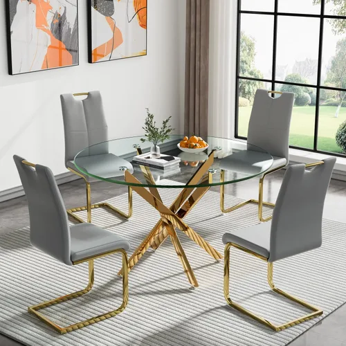 Miniatura 50 de Juego de mesa de comedor redonda de 3 piezas para 2, mesa de cocina moderna de vidrio plateado y sillas para 2 con sillas tapizadas, juego de mesa