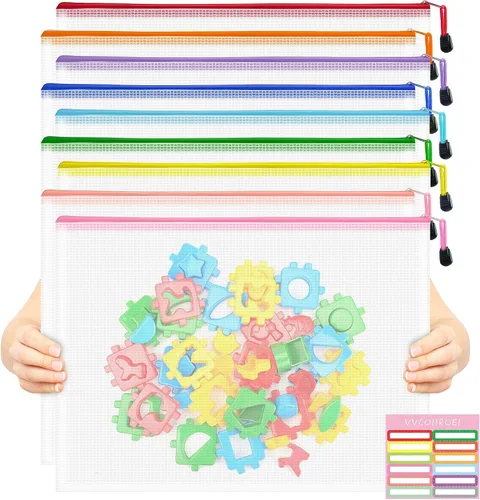 9 bolsas de malla con cremallera, tamaños A3, 9 colores, almacenamiento de juegos de mesa, viajes, escuela, organización de oficina
