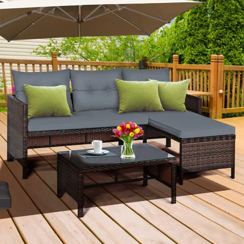 Miniatura 5 de COSTWAY Juego de muebles de patio de 3 piezas, sofá seccional de mimbre para exteriores con cojines y mesa de centro de vidrio templado para Gery