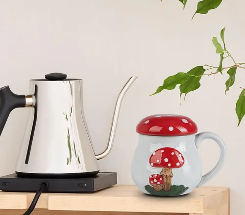 Miniatura 2 de Bonita taza de hongo con tapa, taza grande de cerámica para café y té, regalo divertido para mujeres