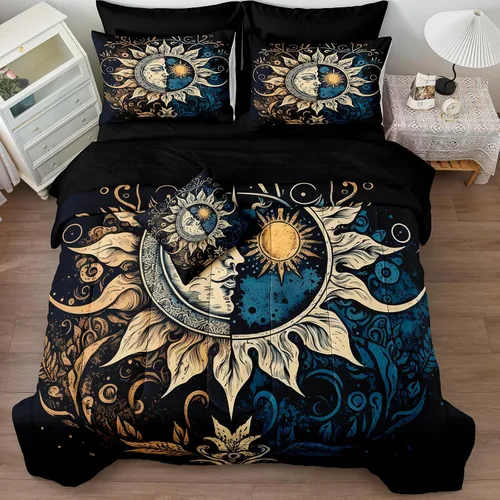 Miniatura 2 de Juego de edredón de sol y luna negro, juego de ropa de cama boho, ropa de cama de galaxia celestial y espacio estrellado, edredón mandala exótico