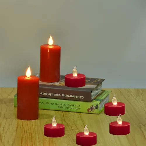 Miniatura 4 de Velas de té sin llama, velas operadas con pilas, paquete de 100 velas votivas parpadeantes LED rojas de larga duración, 200 horas, realistas y Rojo
