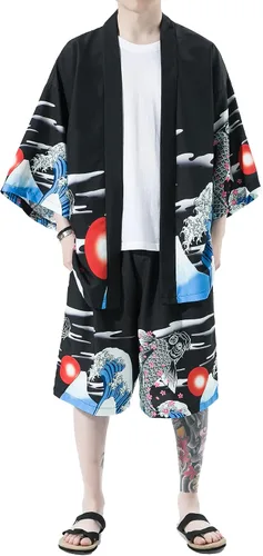 Miniatura 3 de PRIJOUHE Conjunto de kimono de estilo japonés para hombre, ligero, casual, con siete mangas, frente abierto, cárdigan y pantalones cortos