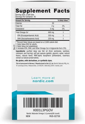 Miniatura 2 de Nordic Naturals Omega-3, sabor a limón, 90 geles suaves, 690 mg de omega-3, aceite de pescado, EPA y DHA, apoyo inmunológico, salud del cerebro