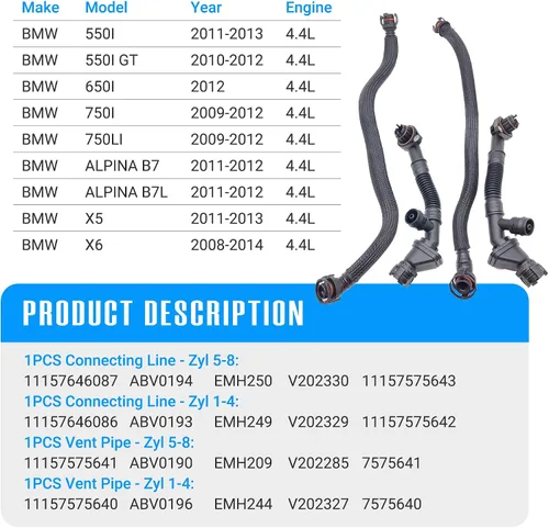 Miniatura 5 de 4 piezas de tubo de ventilación de cárter izquierdo y derecho para BMW 550i 650i 750i 750Li Alpina B7 X5 X6 xDrive35i N63 4.4L 11157575640
