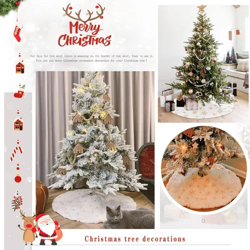 Miniatura 6 de Falda de árbol pequeña de 24 pulgadas, falda de árbol de piel sintética blanca de Navidad de 4 pies, mini copos de nieve de lentejuelas doradas