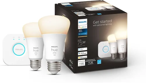 Philips Hue - Kit de iniciación de luz inteligente blanca, incluye (1) puente y (2) bombillas LED inteligentes blancas suaves A19 de 75 W, E26,
