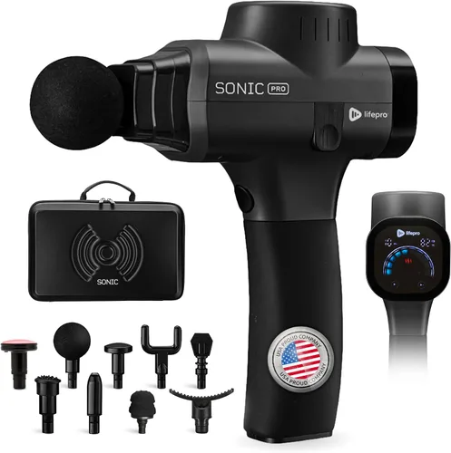 Lifepro SonicPro Pistola de masaje de tejido profundo con calor - Pistola de masaje de percusión 10 velocidades 9 cabezas - Masajeador muscular para