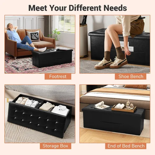 Miniatura 7 de Banco otomano plegable de almacenamiento de 43 pulgadas, taburete plegable para pie de cama con bolsillo lateral, baúl de almacenamiento para sala