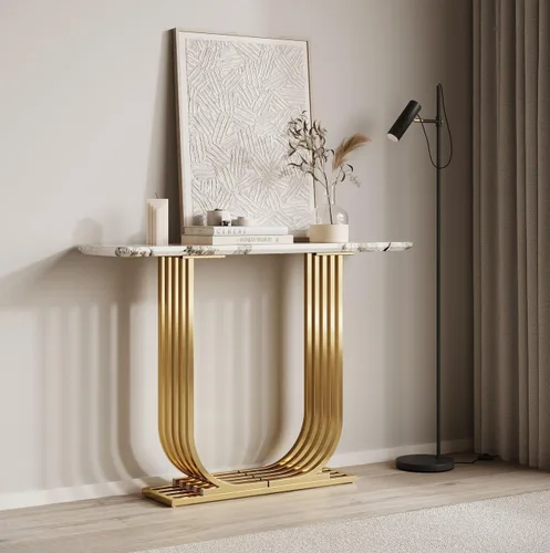 Miniatura 9 de Mesa consola de 43.3 pulgadas con patas de metal entrelazadas doradas, mesa de entrada decorativa negra y dorada, 43.31 x 11.69 x 31.5 pulgadas