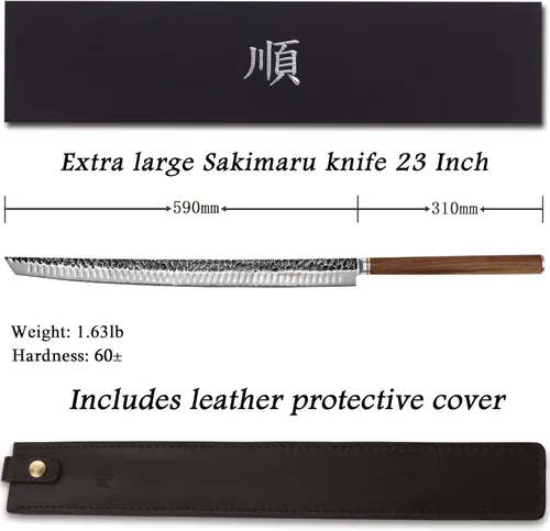 Miniatura 4 de YOUSUNLONG Cuchillo Sakimaru de 23 pulgadas Ultra Yanagiba - Hoja de Acero Damasco Martillado Japonés - Rebanador de Chef Adecuado para Cortar Atún