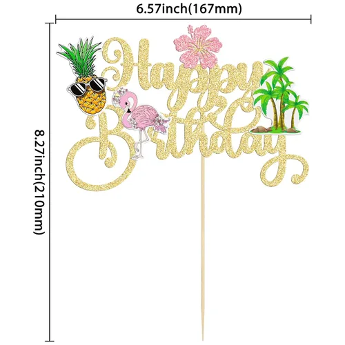 Miniatura 2 de Gyufise 1 pieza de decoración de pastel de feliz cumpleaños tropical hawaiano Luau pastel Pick Glitter Flamingo Flower Plam Leave Pineapple Cake