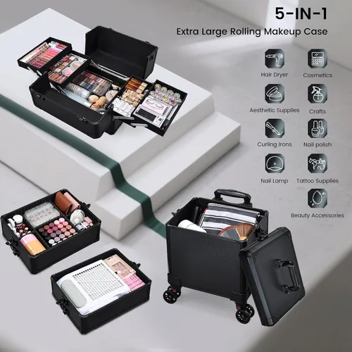 Miniatura 8 de Estuche de maquillaje con ruedas, estuche de tren de maquillaje con tapa, estuche de cosmetología 5 en 1 sobre ruedas, organizador de cosméticos