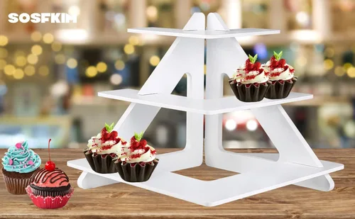 Miniatura 8 de Soporte para 24 cupcakes – Soporte rústico para cupcakes de 3 niveles plegable de madera – Soporte blanco para cupcakes – Torre de cupcakes