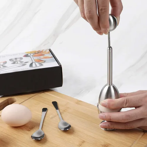 Miniatura 2 de Xicennego Juego de 5 tapas para galletas de huevo, incluye 2 tazas de huevo, 2 cucharas y 1 cortador, abridor de huevos fácil de acero inoxidable