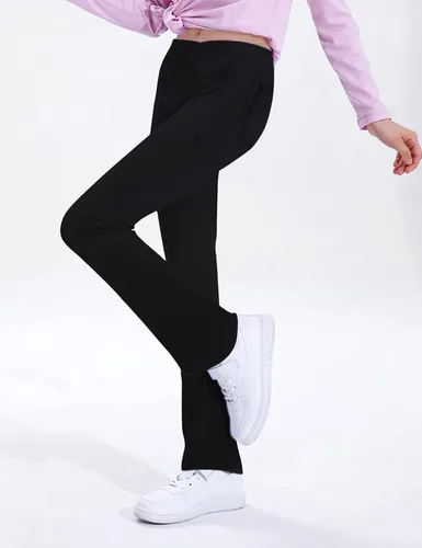 Miniatura 3 de Leggings para niñas, pantalones acampanados cruzados con bolsillos, color negro, suaves, elásticos, de cintura alta, para niños, yoga, danza