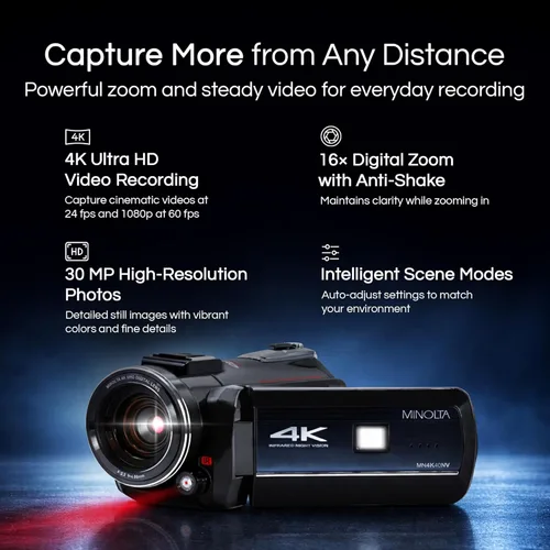 Miniatura 2 de Minolta Videocámara: 4K Ultra HD, fotos de 30 MP, visión nocturna con sensor IR, zoom 16X, antivibración, lapso de tiempo, detección facial, Azul