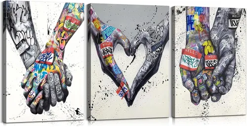 3 piezas de arte de pared de graffiti, decoración colorida de corazón de mano, gesto tomados de la mano, arte de pared, colorido arte de pared, arte