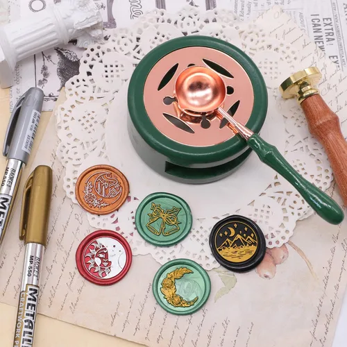 Miniatura 3 de SWANGSA Kit de calentador de sellado de cera, horno de cera de sellado con 2 bolígrafos, cuchara y 2 velas para invitación de boda sobre carta Verde