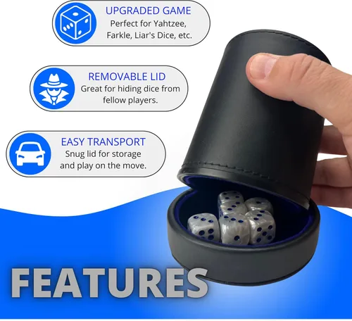 Miniatura 4 de Luck Lab Taza de dados de cuero negro con tapa, incluye 6 dados de perlas a juego, interior de terciopelo azul para agitación silenciosa, uso