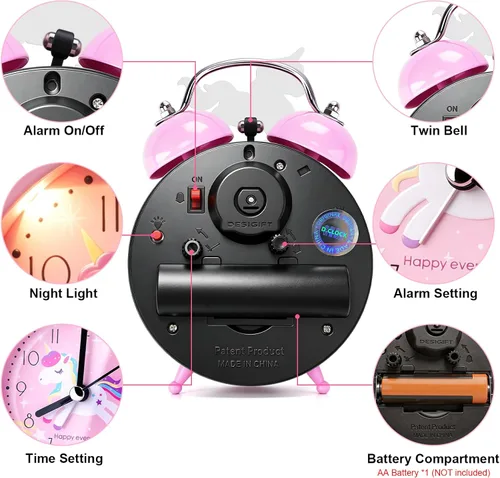 Miniatura 5 de QearFun Reloj despertador de unicornio para niñas y niños, bonita decoración de dormitorio, segunda mano silenciosa sin tictac, con retroiluminación