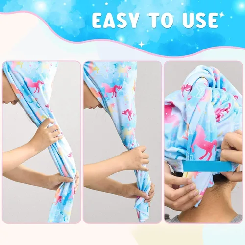 Miniatura 6 de WAWSAM Paquete de 2 toallas de secado de cabello para niños, toalla de microfibra para el cabello para niñas, gorro de pelo de secado rápido con Azul