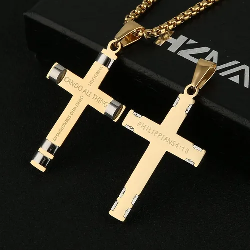 Miniatura 16 de HZMAN - Collar de acero inoxidable con colgante de cruz de fuerza, 3 colores disponibles, texto bíblico en inglés Filipenses 4:13