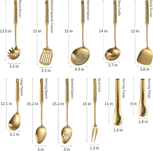 Miniatura 6 de Juego de utensilios de cocina de acero inoxidable 304 mate, 11 piezas de utensilios de cocina de metal largo con espátula, cuchara, cucharón, Dorado