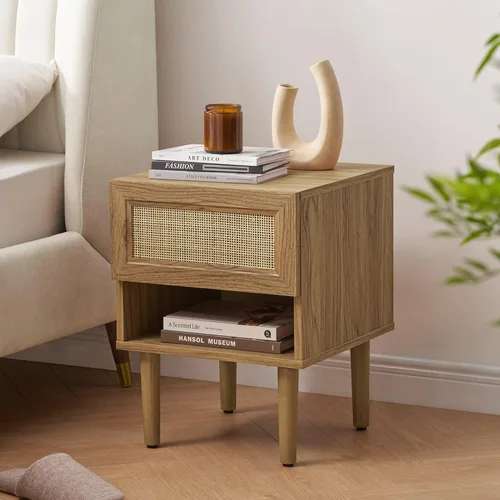 Miniatura 12 de Mopio - Mesita de noche Haylee de ratán, mesa auxiliar perfecta para sala de estar y dormitorio que complementa tu cama o sofá (carbón)