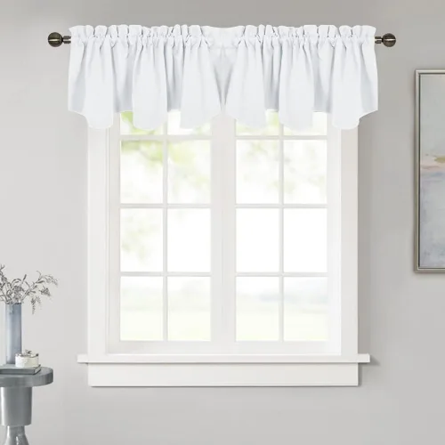 NICETOWN Cenefas blancas puras para ventanas, cenefa festoneada sólida con bolsillo para barra, paneles de cortina cortos para cocina, oficina,