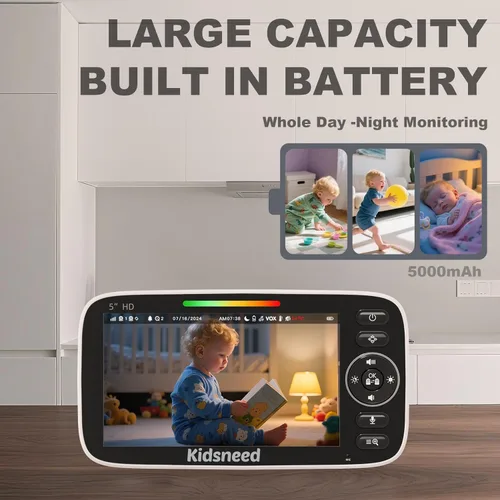 Miniatura 11 de Kidsneed Monitor de bebé con cámara y audio: monitor de bebé de video 720P de 5 pulgadas, sin WiFi, duración de la batería de 48 horas, visión