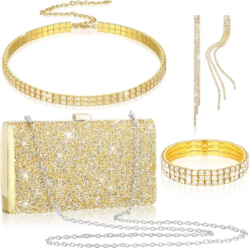 Miniatura 13 de Kigeli 4 Pieces Women Rhinestone Evening Clutch Bag Bling Earring Necklace Bracelet for Wedding Graduation Prom