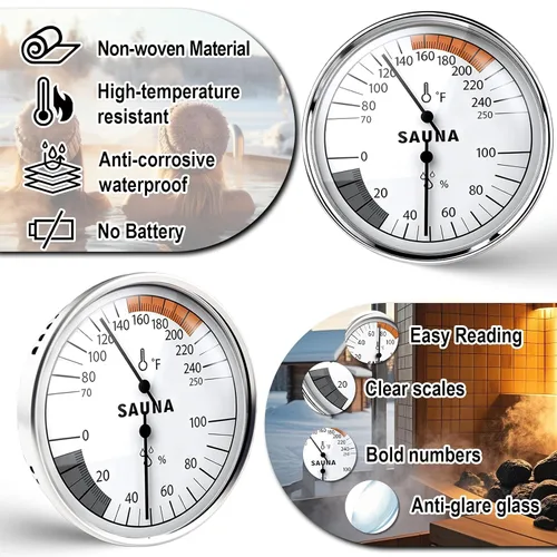 Miniatura 4 de Termómetro de sauna Fahrenheit e higrómetro, medidor de higrotermógrafo de metal mecánico 2 en 1, accesorios de sauna, monitor preciso