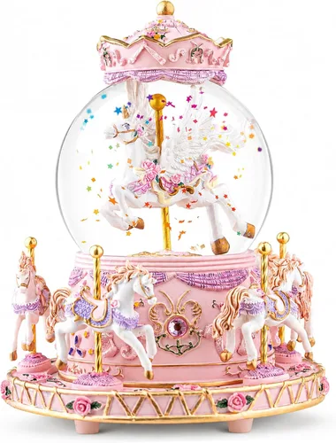Miniatura 5 de Globo mágico de nieve de unicornio con música "Somewhere Over the Rainbow", caja de música de carrusel giratorio, luces LED y nieve con purpurina