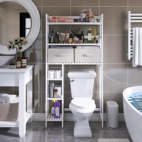 Miniatura 5 de SMIBUY Almacenamiento sobre el inodoro con cajones, estante organizador grande de baño para ahorrar espacio, soporte independiente detrás del Blanco