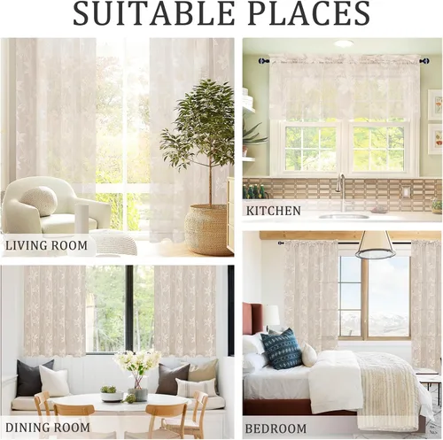 Miniatura 6 de DWCN Paquete de 2 cortinas traslúcidas pequeñas de encaje floral beige para cocina, cortinas traslúcidas ligeras con bolsillo para barra, cortinas