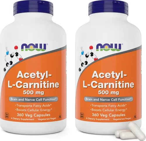 NOW Foods Now Acetil L Carnitina 500 mg, 360 cápsulas vegetales (paquete de 2) – Sin OGM ACL 500 mg Cápsulas Suplemento para hombres y mujeres