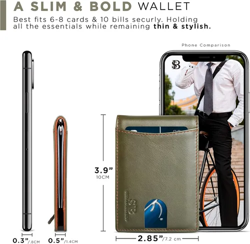 Miniatura 19 de SERMAN BRANDS - Billetera sencilla de cuero genuino con bloqueo RFID para hombre, billetera delgada con bolsillo frontal y clip para dinero