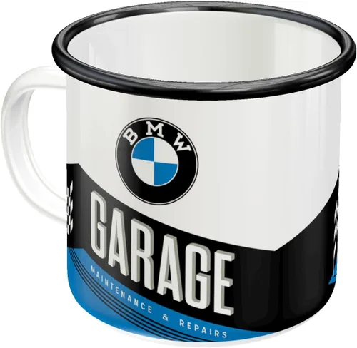 Nostalgic-Art Taza esmaltada retro, 12.2 oz, producto oficial (OLP), BMW – Garaje – Idea de regalo para los fanáticos de accesorios de coche, taza