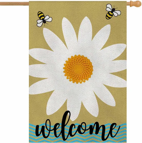 AOYEGO Daisy - Bandera de bienvenida para casa, de 28 x 40 pulgadas, grande, vertical, de doble cara, abejas en una margarita blanca salvaje,