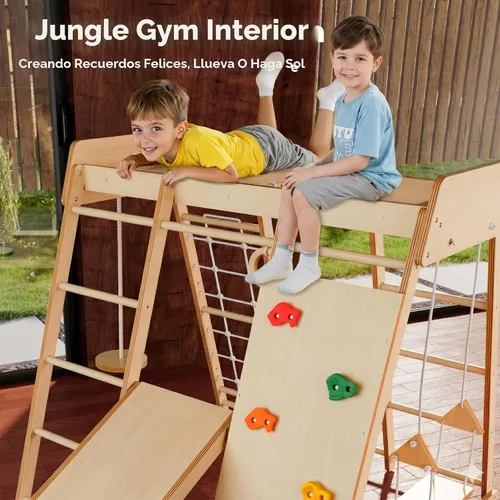 Miniatura 2 de LINKHOO Gimnasio grande de madera para interiores de la selva para niños de 2 a 6 años, juego de escalador Montessori con tobogán, red de escalada