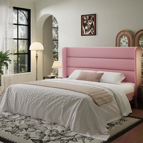 Miniatura 13 de SHA CERLIN - Base de cama tamaño Full con cabecera tapizada en terciopelo y diseño acanalado vertical; plataforma de cama tapizada con listones