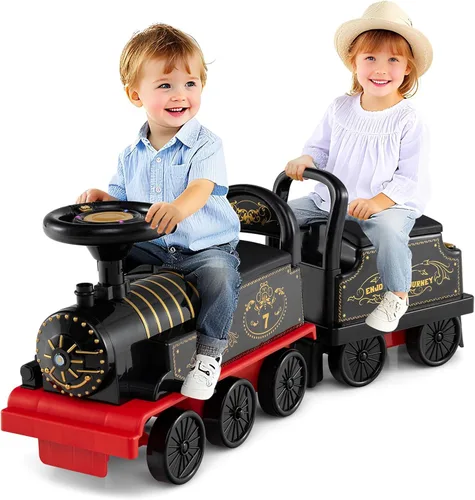 Costzon Tren de paseo de 2 plazas con carruaje, juguete de 6 V con almacenamiento debajo del asiento, reposapiés, silbato de tren, música y luces