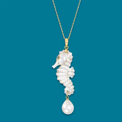 Miniatura 3 de Ross-Simons Colgante de caballito de mar de nácar con perla cultivada de 0.354 in en oro amarillo de 14 quilates, Perla, multi