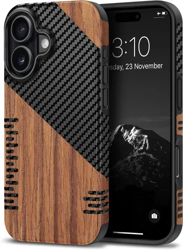 Miniatura 49 de TENDLIN Compatible con iPhone 17 Pro Max Funda de madera con textura de fibra de carbono Diseño de cuero híbrido delgado (negro)