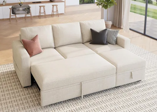 Miniatura 15 de HONBAY Sofá seccional modular con cama extraíble, sofá cama con forma de U extraíble con secciones de almacenamiento para sala de estar - Beige