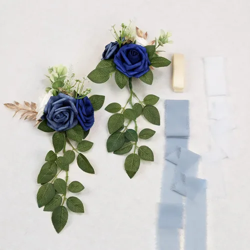 Miniatura 5 de Arreglo floral de pasillo para la ceremonia de la boda, juego de 10 flores para sillas de la iglesia, decoración para fiestas con flores Azul