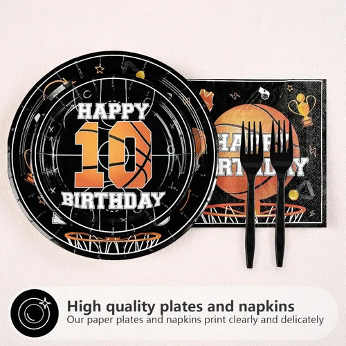 Miniatura 3 de 96 piezas de suministros para fiesta de cumpleaños de 10 años, platos y servilletas desechables de baloncesto y deportes, juego de vajilla