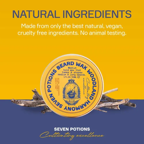 Miniatura 6 de SEVEN POTIONS Cera para barba de 1 oz. Cera natural para peinar la barba para una sujeción media. Da forma y nutre tu barba mientras se ve natural.