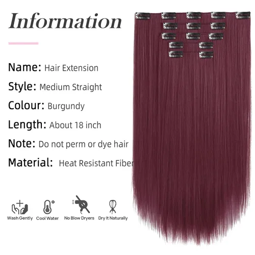 Miniatura 2 de Extensiones de cabello sintético con clip, color burdeos de 18 pulgadas de largo, invisibles, gruesas, extensiones de cabello lacio con clips, 5